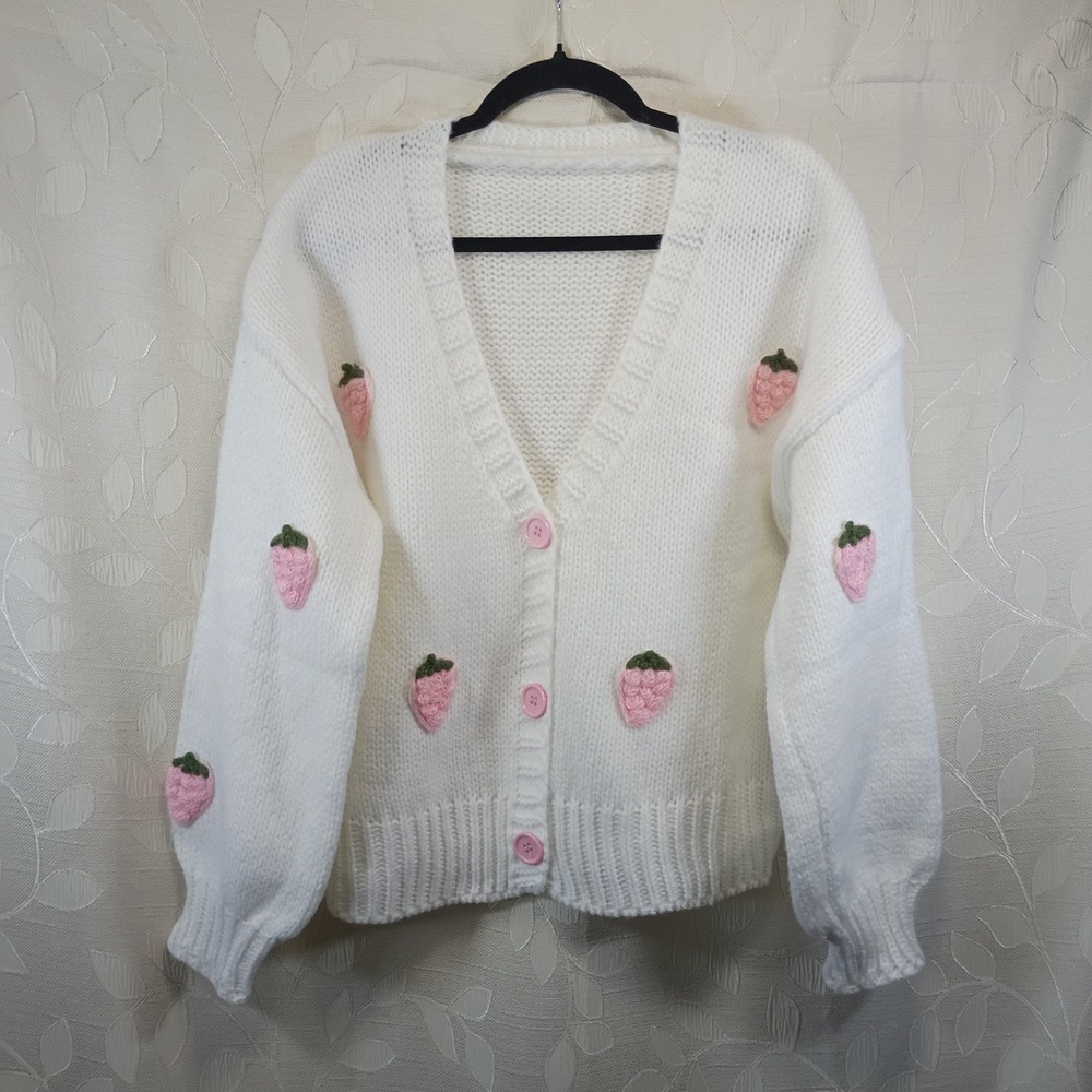 White Chunky Knit Cardigan with Pink 3D Crochet Strawberry Applique V-Neck